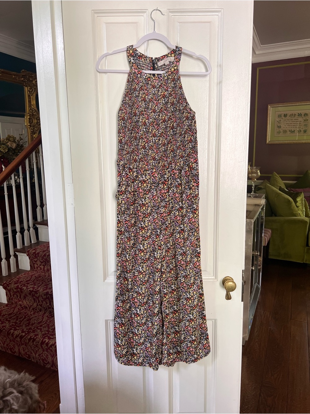 Floral Sleeveless Jumpsuit loft 6p pockets women’s smocked j440